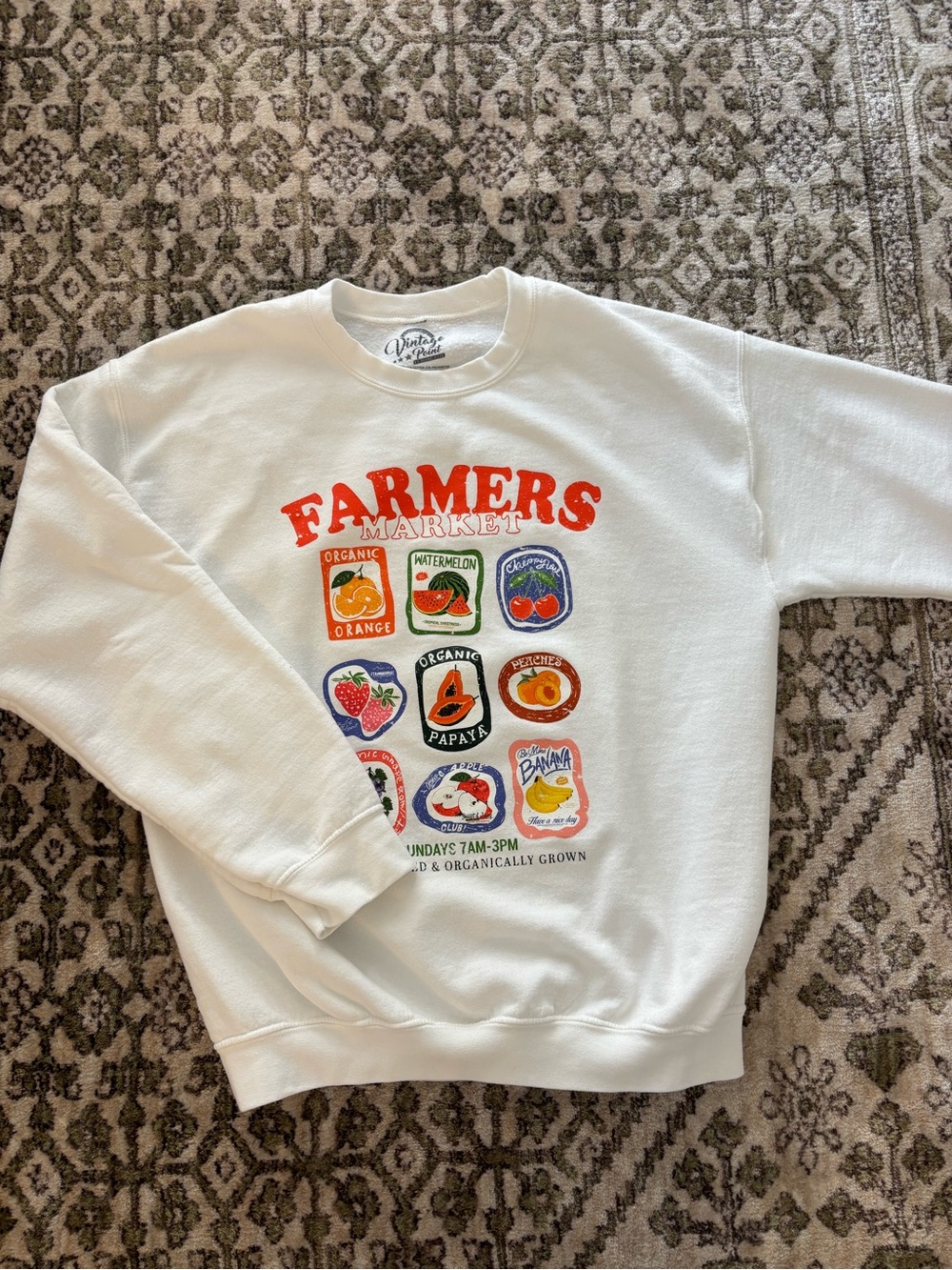Vintage Point - White Crewneck Sweatshirt with Farmers Market Fruit Graphic